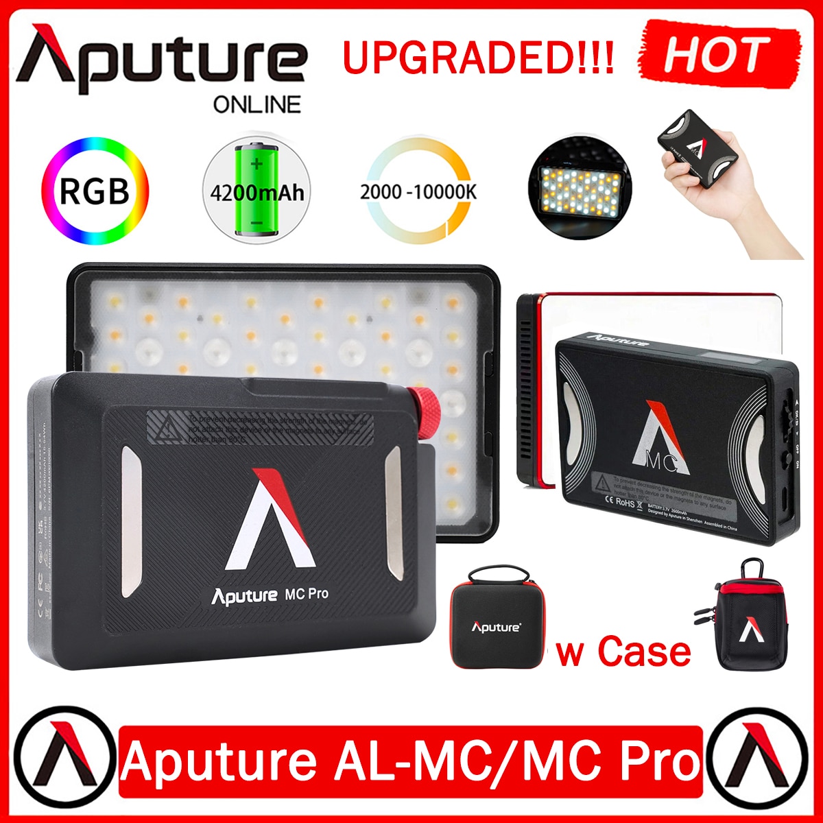 Aputure MC Pro AL-MC 5W RGBWW ̴  Ʈ, 2000K-10000K,TLCI/CRI 96 +, Ʈ Ʃ ̽ ִ Sidus ũ App 